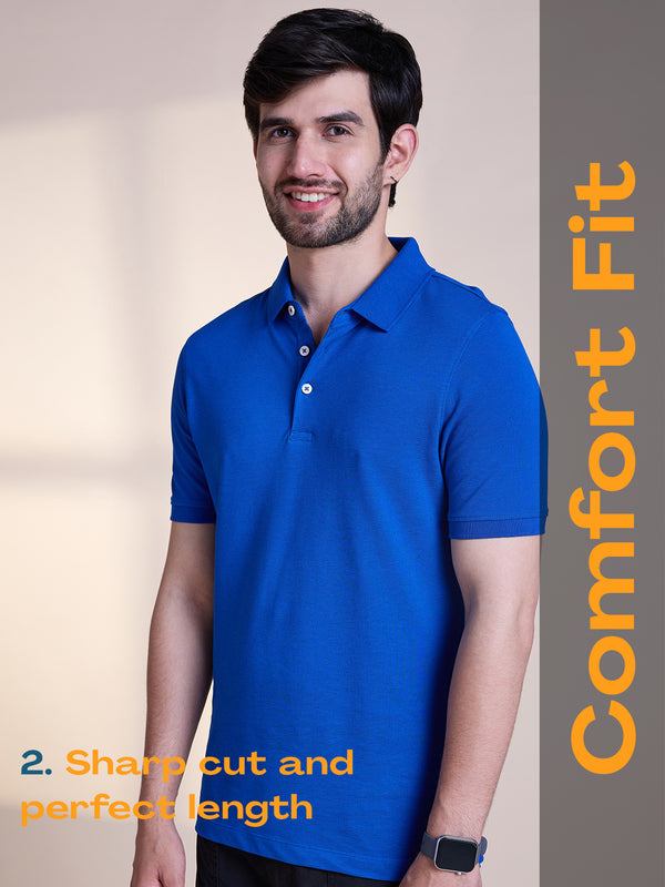 Anti Stain & Anti Odor Cotton Polo with No - Curl Collar - Cobalt Blue