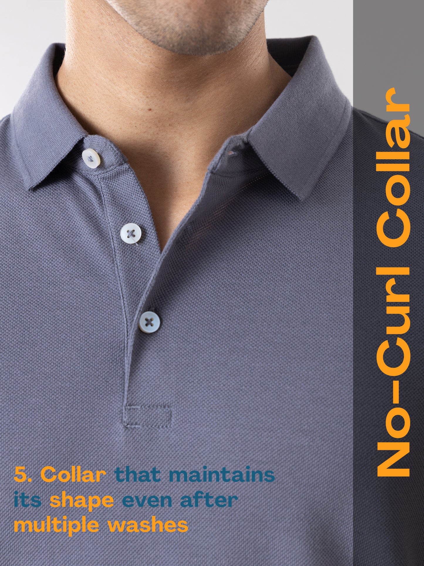 Anti Stain & Anti Odor Cotton Polo with No - Curl Collar - Ocean Grey