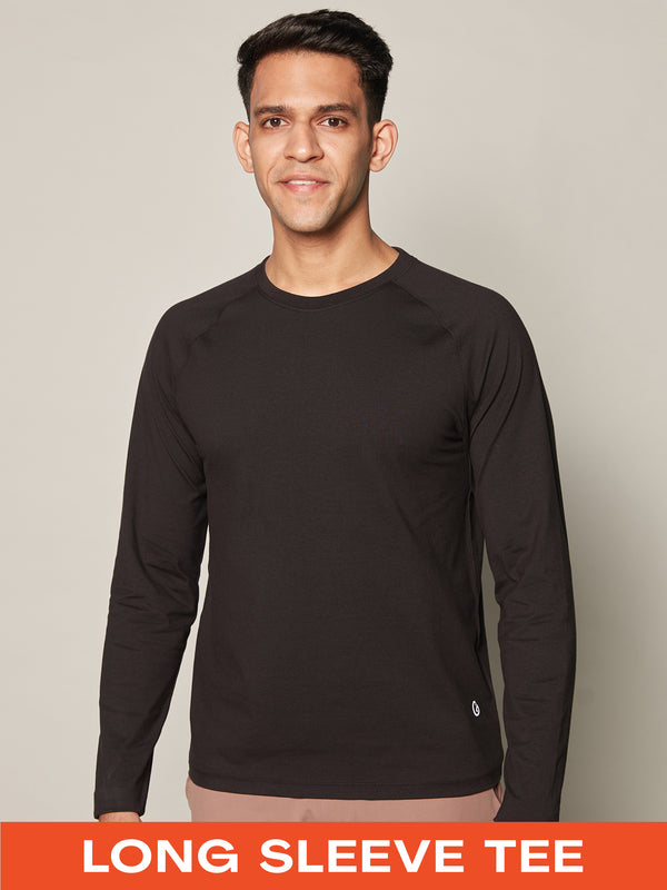 Anti Odor Cotton Long Sleeve Round Neck T-Shirt - Black