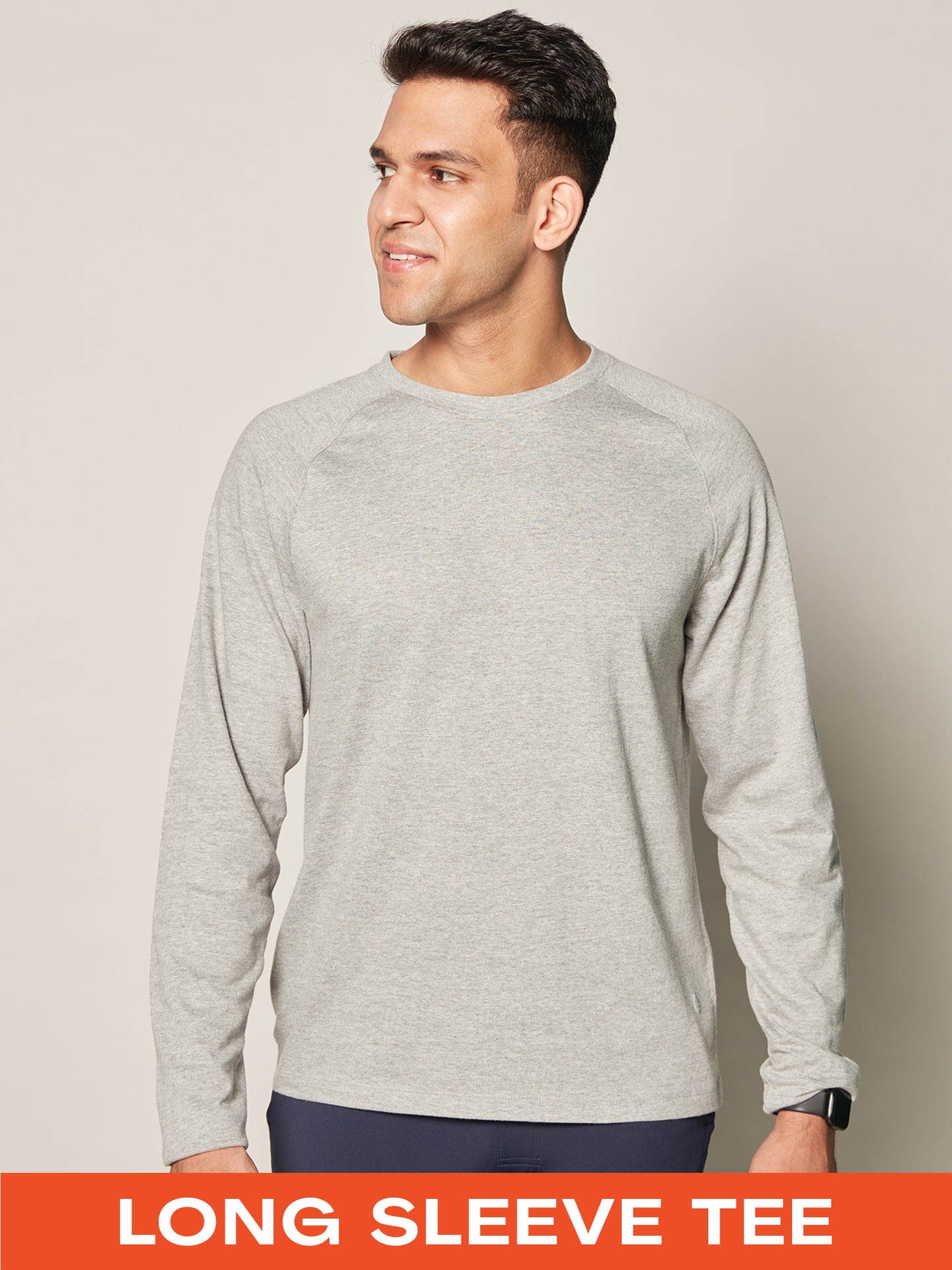 Anti Odor Cotton Long Sleeve Round Neck T-Shirt - Mid Grey Melange