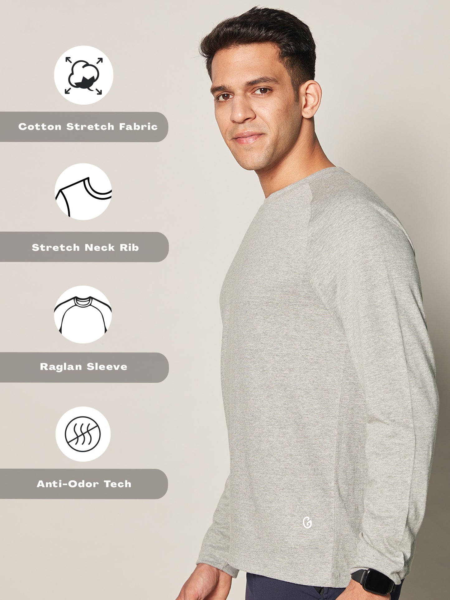 Anti Odor Cotton Long Sleeve Round Neck T-Shirt - Mid Grey Melange