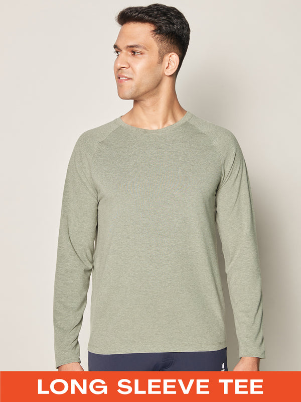Anti Odor Cotton Long Sleeve Round Neck T-Shirt - Olive Melange