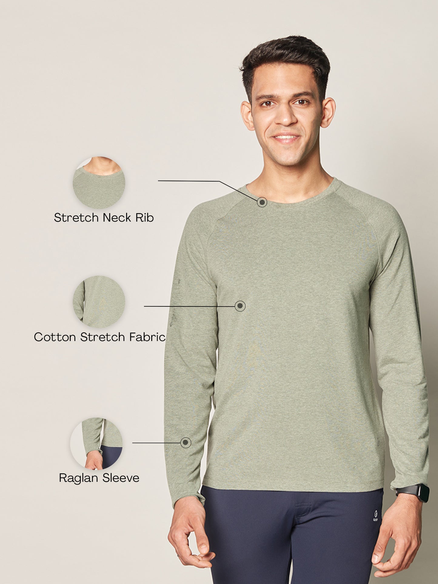 Anti Odor Cotton Long Sleeve Round Neck T-Shirt - Olive Melange