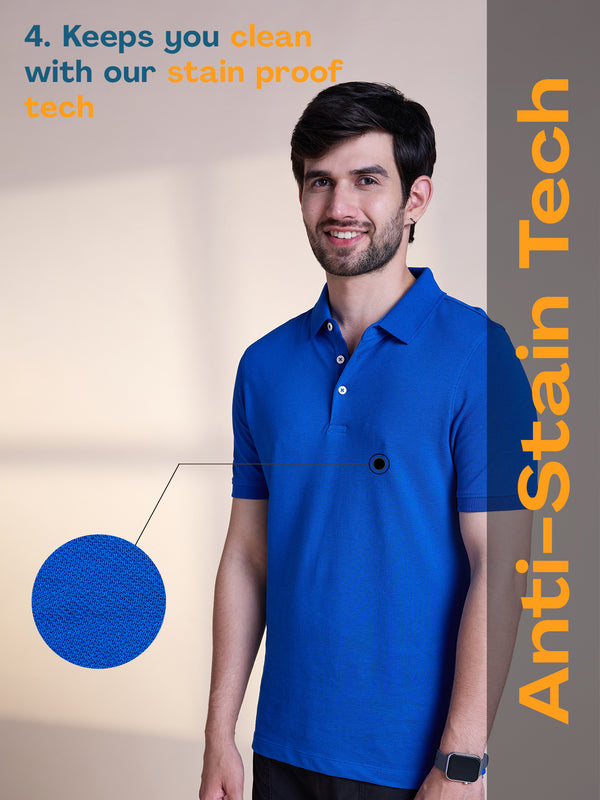 Anti Stain & Anti Odor Cotton Polo with No - Curl Collar - Cobalt Blue