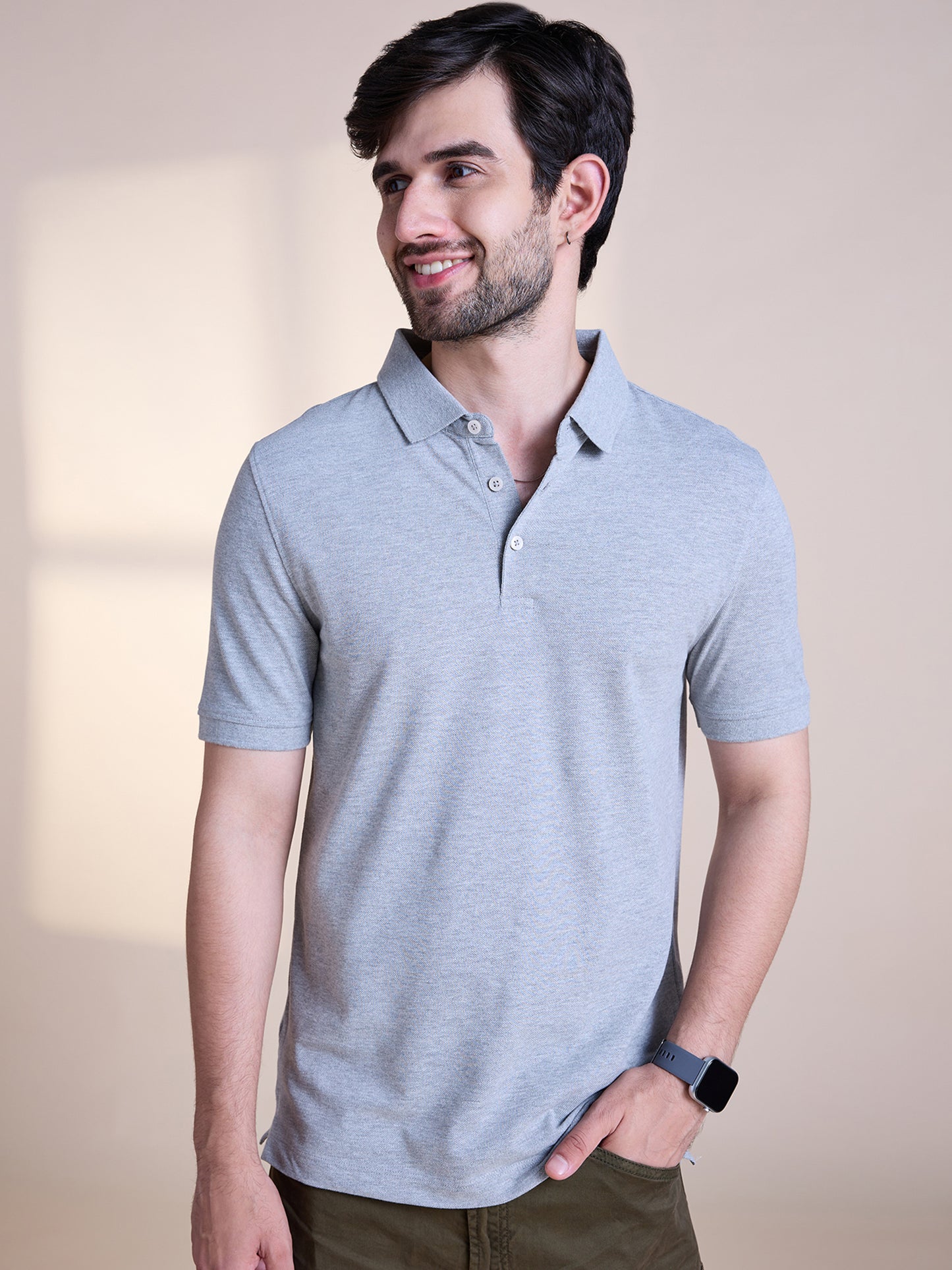 Anti Stain & Anti Odor Cotton Polo with No - Curl Collar - Mid Grey Melange