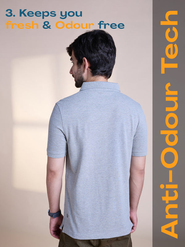 Anti Stain & Anti Odor Cotton Polo with No - Curl Collar - Mid Grey Melange