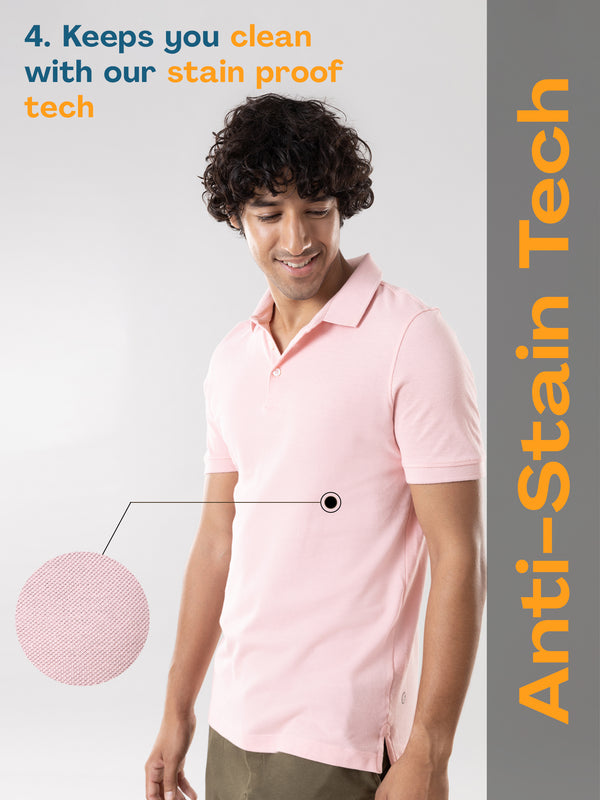 Anti Stain & Anti Odor Cotton Polo with No - Curl Collar - Soft Pink
