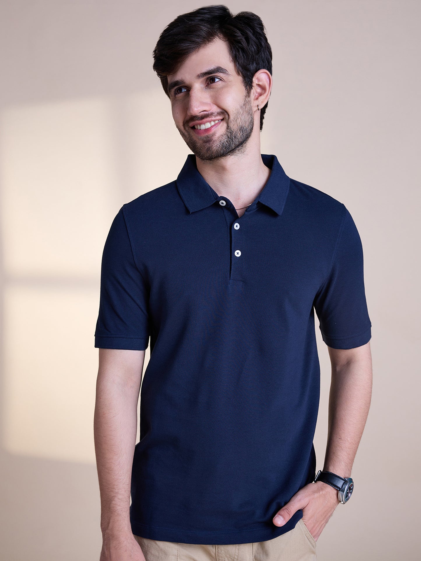 Anti Stain & Anti Odor Cotton Polo with No - Curl Collar - True Navy
